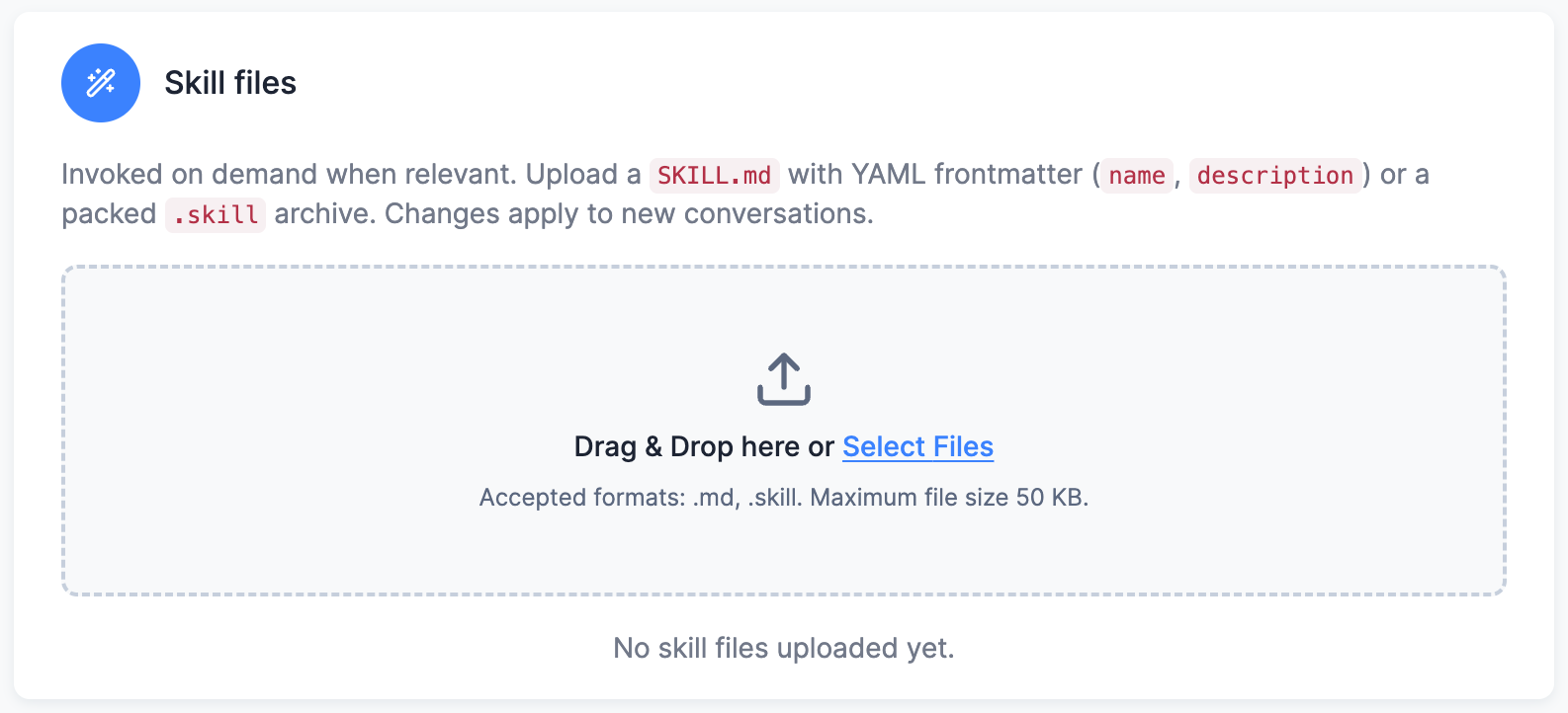 Skill files card in Settings → Kai Agent